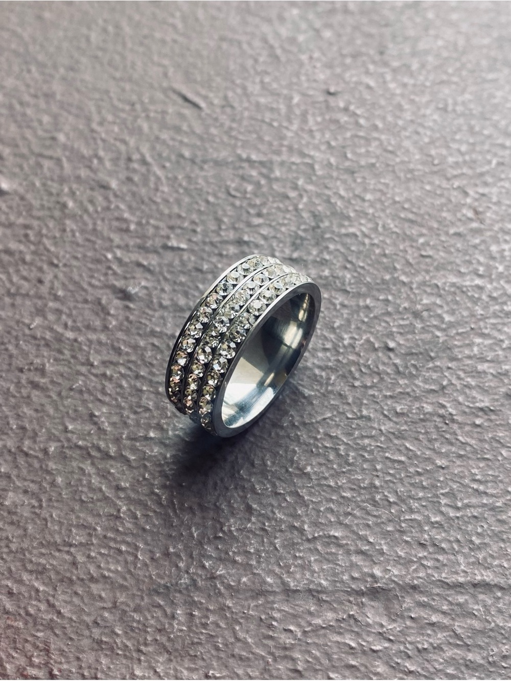 Stainless Steel 3 Row Cubic Zirconium Stone Ring Size 9